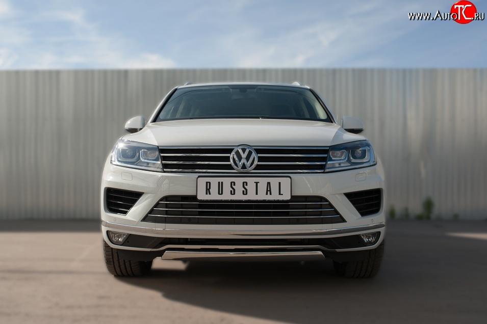 15 649 р. Защита переднего бампера (Ø75х42 мм, нержавейка) Russtal Volkswagen Touareg NF рестайлинг (2014-2018)  с доставкой в г. Москва