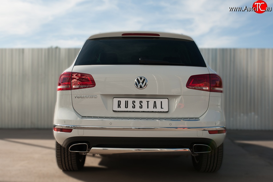 15 649 р. Защита заднего бампера (Ø75x42 мм, нержавейка) Russtal Volkswagen Touareg NF рестайлинг (2014-2018)  с доставкой в г. Москва