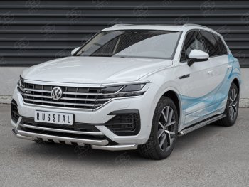 33 999 р. Защита переднего бампера (2 трубы Ø63 с клыками, нержавейка not 2.0 tsi) SLITKOFF Volkswagen Touareg CR (2018-2024)  с доставкой в г. Москва. Увеличить фотографию 3