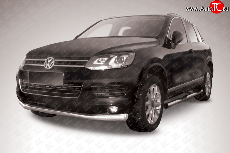 17 899 р. Одинарная защита переднего бампера диаметром 76 мм Slitkoff  Volkswagen Touareg  NF (2010-2014) дорестайлинг (Цвет: нержавеющая полированная сталь)  с доставкой в г. Москва