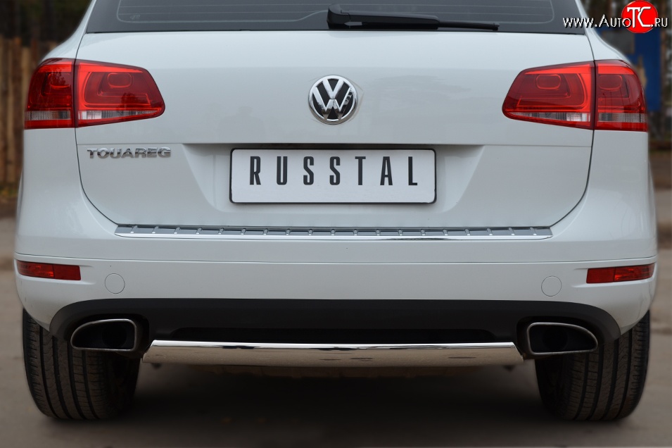 16 849 р. Защита заднего бампера (Ø75x42 мм, нержавейка) Russtal Volkswagen Touareg NF дорестайлинг (2010-2014)  с доставкой в г. Москва